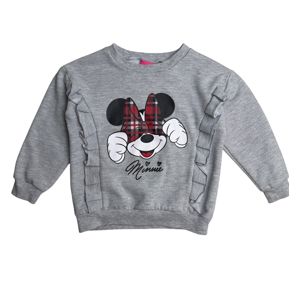 Disney Junior Minnie Mouse Ruffle Sweatshirt Plaid Bow Gray Disneycore 4T